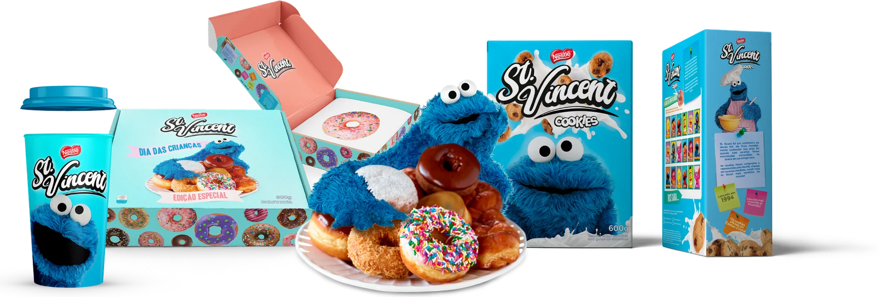 Embalagens St. Vincent Cookies: copo, caixa de rosquinhas, caixa de cookies e embalagem lateral com o Come-Come